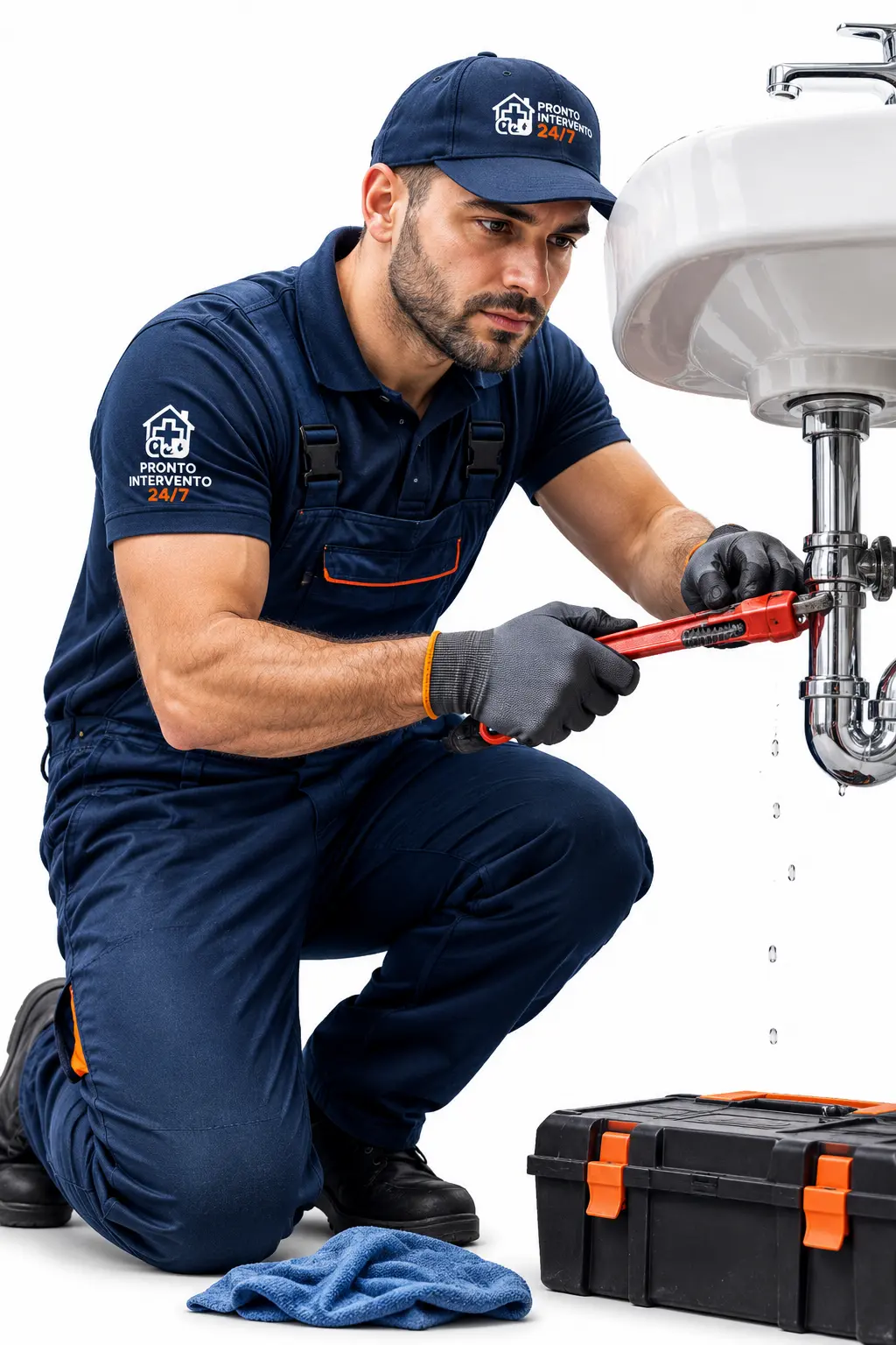 Idraulico professionista al lavoro su una tubatura